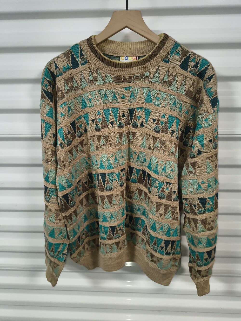 Vtg COOGI Australia 3D Knit Button Mercerized Cotton Long Sleeve Sweater Men's L